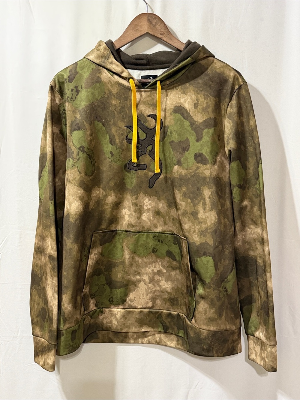 Men's Camo Pullover Hoodie with Yellow Drawcords